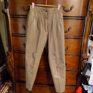 VTG 80s Genuine Leather Pleat Front Sand Tan Trousers 10 Petite